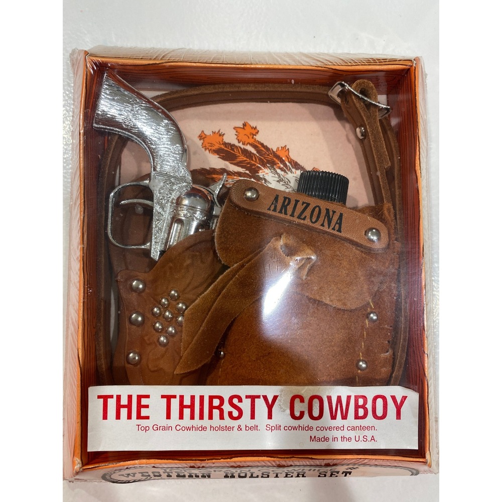 Vintage John R Craighead The Thirsty Cowboy Western Cowhide Holster Canteen Set
